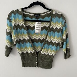 NEW VTG Bebe Metallic Chevron Knit Cropped Cardigan Size M Deep V Y2K Retro Boho